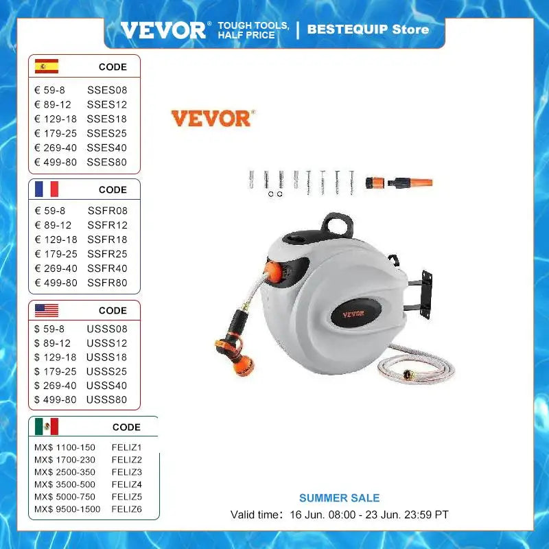 VEVOR Retractable Hose Reel 180° Swivel Bracket Wall-Mounted Garden Water Hose Reel with 9-Pattern Nozzle Automatic Rewind