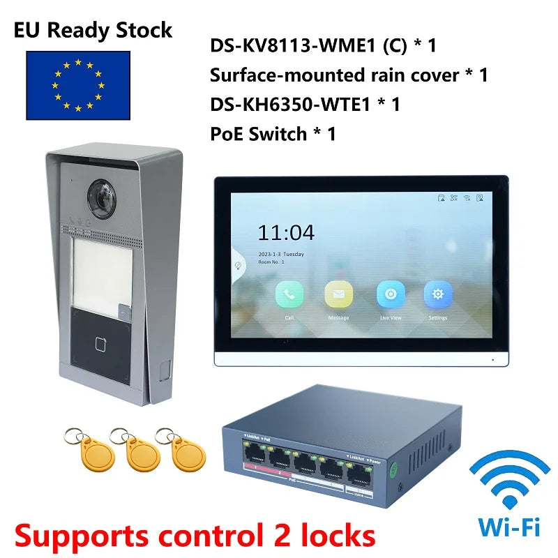 HIK Multi-language 802.3af POE Video intercom KIT,include DS-KV8113-WME1(C) & DS-KH6350-WTE1 & PoE Switch