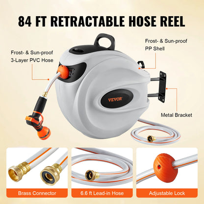 VEVOR Retractable Hose Reel 180° Swivel Bracket Wall-Mounted Garden Water Hose Reel with 9-Pattern Nozzle Automatic Rewind