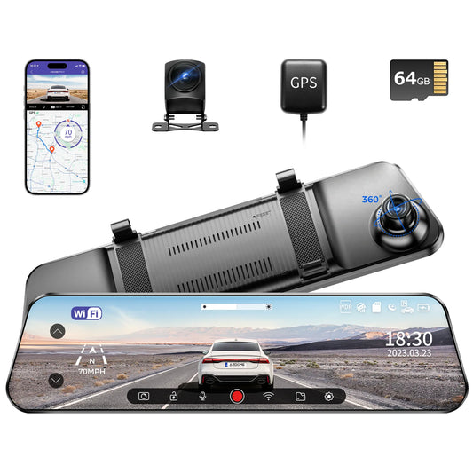 AZDOME PG17 12" WiFi Mirror Dash Cam 2.5K Front and 1080P Rear View Mirror Camera for Cars Dual Camera Waterproof Backup Camera