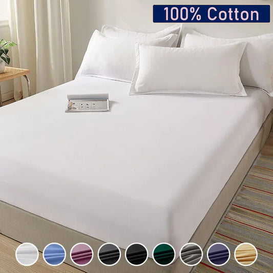 100% Cotton Fitted Bed Sheet with Elastic Band Solid Color Mattress Cover for Single Double King Queen Bed 140/150/160/180x200