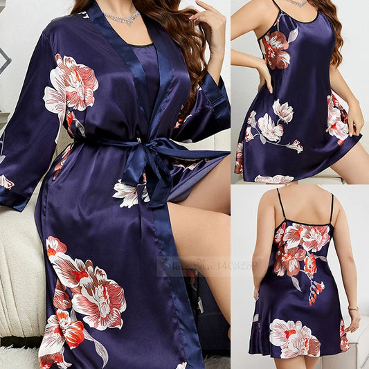 Ensemble de Robe longue en Satin pour femme, grande taille 5XL, imprimé floral, kimono, peignoir, vêtements de nuit, ample, vêtements de maison, printemps et été