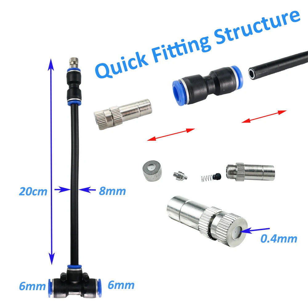 5 Pcs Free Bending Spray 0.1-0.8MM Quick Connect Misting Nozzle With 6/8/10/12MM Tees For Garden Greenhouse Irrigation System