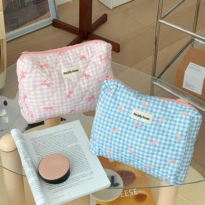 3 Type Quilting Cosmetic Bag Ladies Large Capacity Travel Organizer Washbag Cute Bow Knot Pattern Make Up Zipper Storage Bag