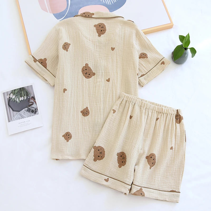 Summer Couple Pure Cotton Cute Bear Pajamas Set Crepe Gauze Sleepwear Female Short Sleeved Pijama Loungewear Crepe Ladies Pyjama