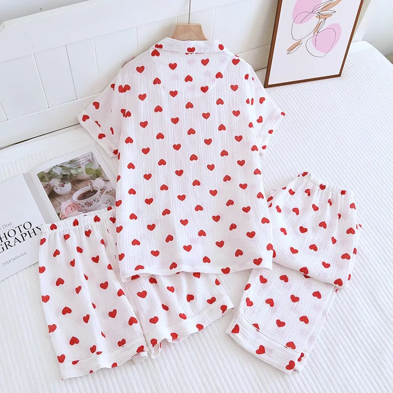 Summer Pajamas Cotton Home Suit Women's Nightie 3Pcs Love Print Night Wear For Women Pyjama Gift Female Underwear Room Wear