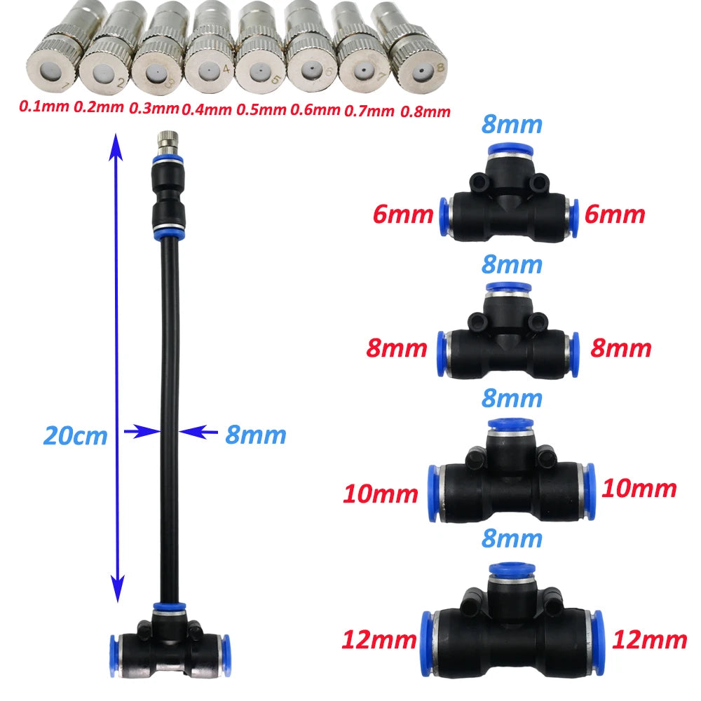 5 Pcs Free Bending Spray 0.1-0.8MM Quick Connect Misting Nozzle With 6/8/10/12MM Tees For Garden Greenhouse Irrigation System